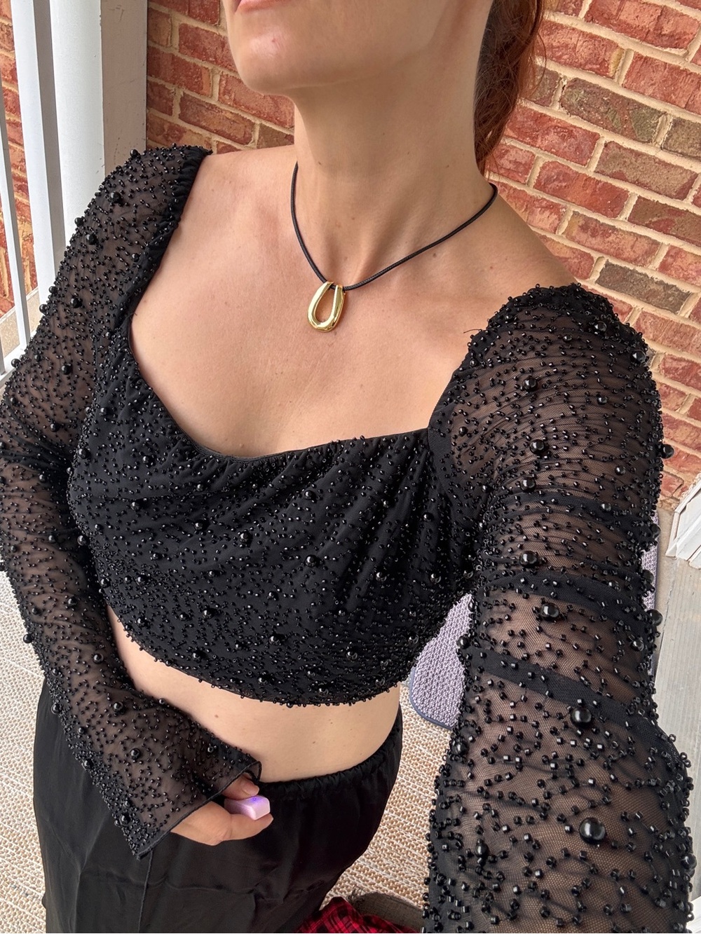 12th Tribe Cristal Black Beaded Long Sleeve Crop Top – Size L